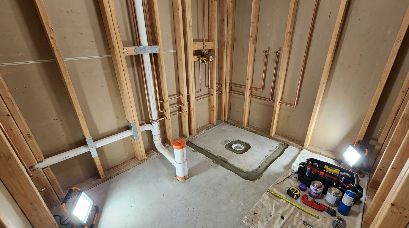 Bathroom rough-in plumbing during remodel by Johns Plumbing LLC in Woodbine