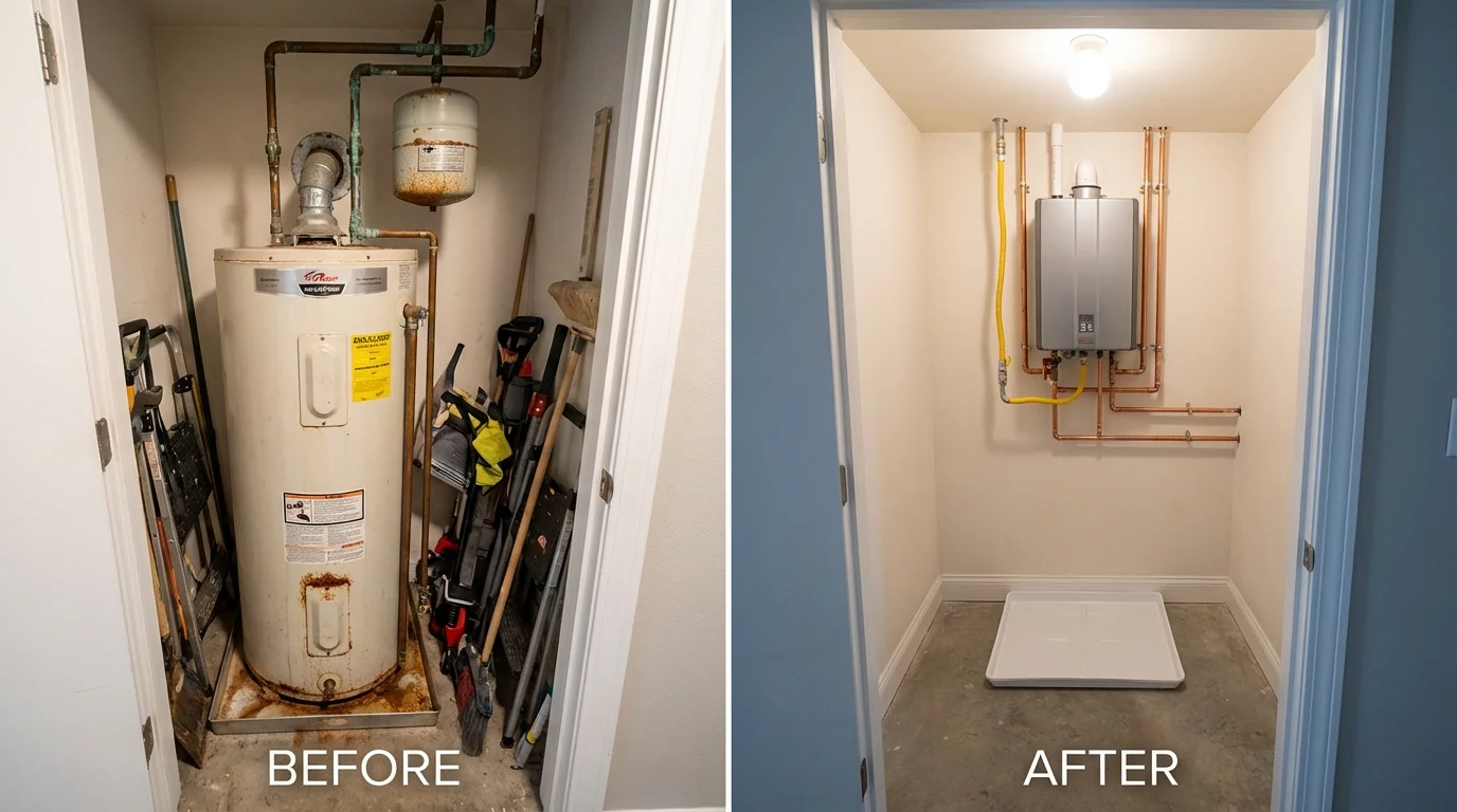 Tank water heater versus wall-mounted tankless unit comparison for Woodbine, IA homeowners