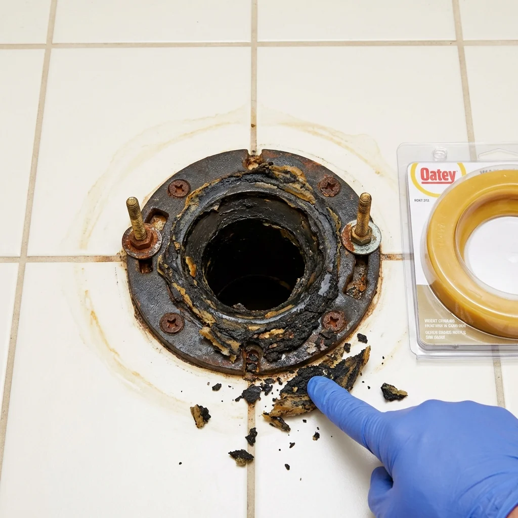Failed wax ring showing water seepage at the base of a toilet in a Woodbine, IA home
