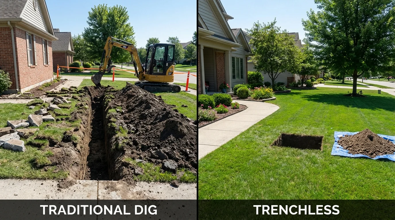 Trenchless sewer repair with minimal yard damage versus traditional excavation in Woodbine, IA