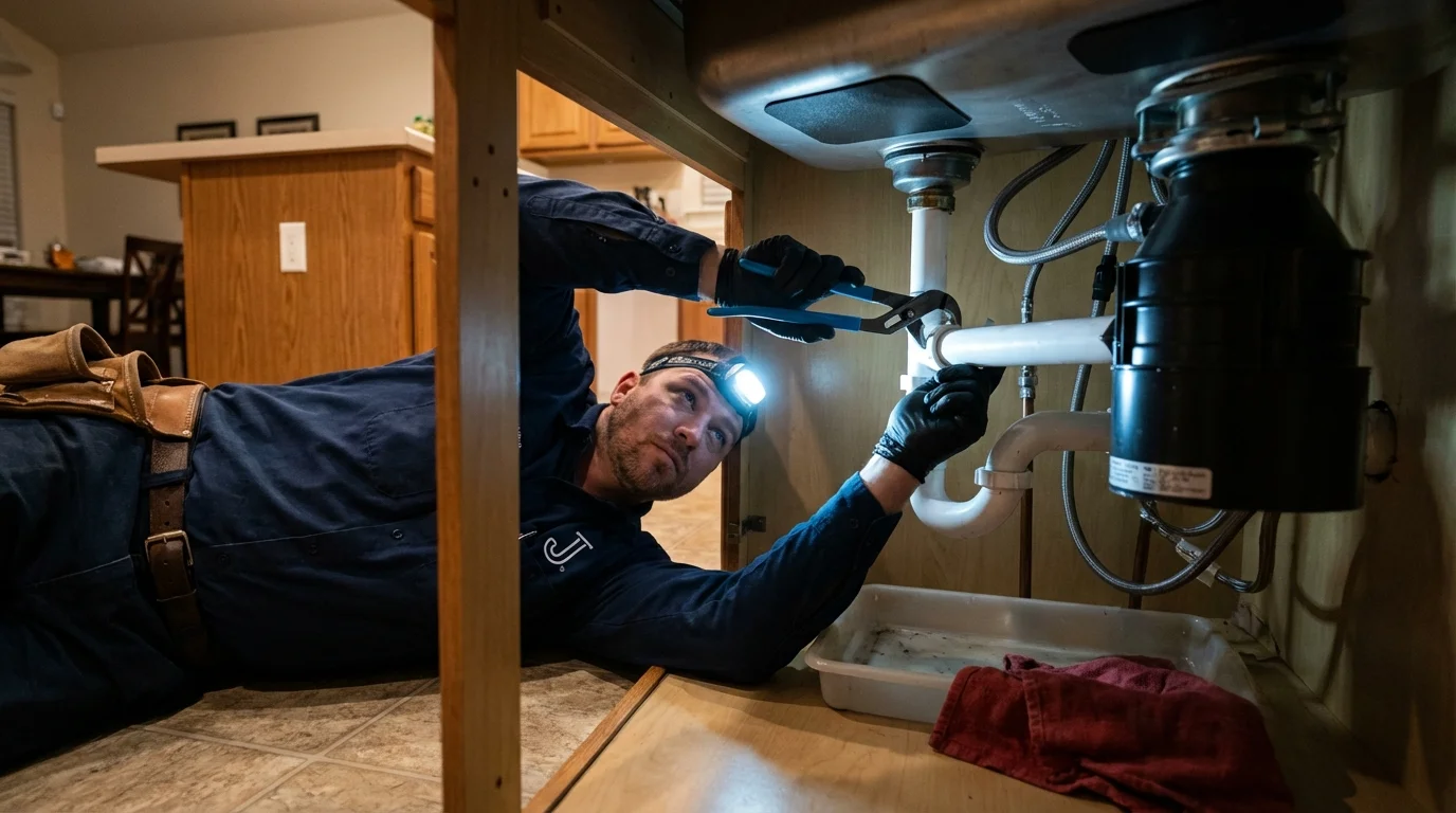 P-trap and supply line connections under a kitchen sink showing a common leak point in Woodbine, IA